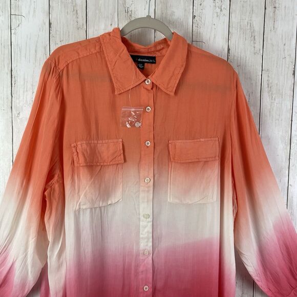 Denim 24/7 Womens Top 22W Ombre Lightweight Pockets Long Sleeve Orange Pink - Picture 3 of 8